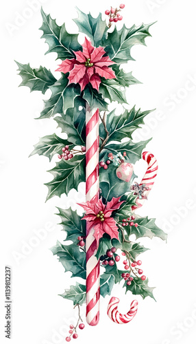 Wallpaper Mural Christmas candy cane with holly and poinsettia. Torontodigital.ca