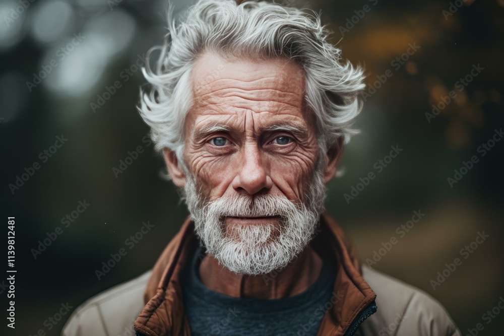 Close up portrait of a senior man with striking white beard and hair, weathered face, and intense gaze, conveying a sense of wisdom, resilience, and a life lived fully