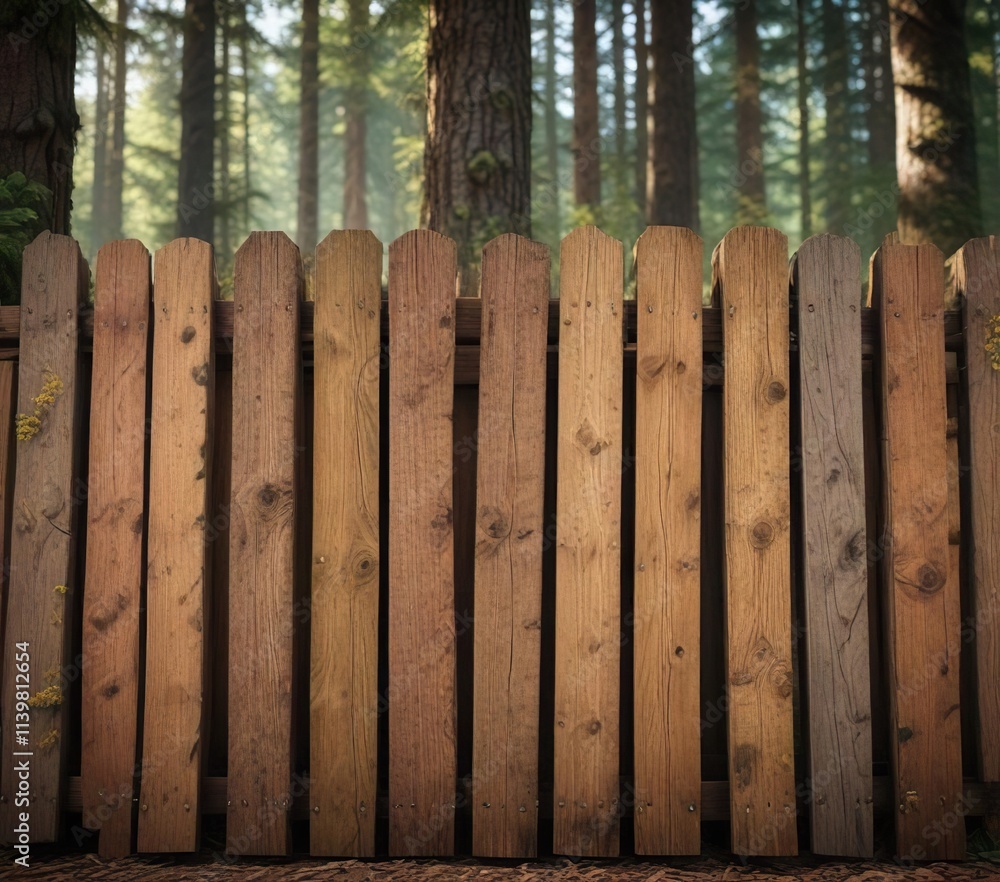 Fototapeta premium Wood planks against a wooden fence in a forest environment, foliage, tree trunk background