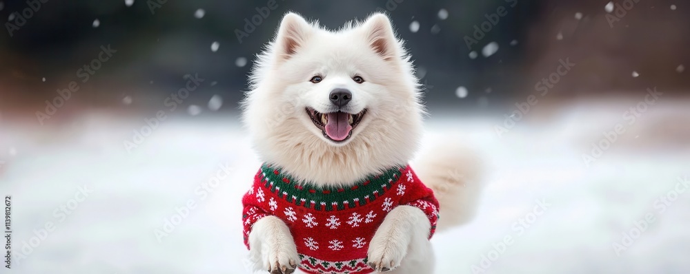 Dog wearing sweater concept in snowy play setting. Happy dog in a festive sweater enjoying snowy winter scenery Dog wearing sweater concept in snowy play setting. Happy dog in a festive sweater enjoying snowy winter scenery