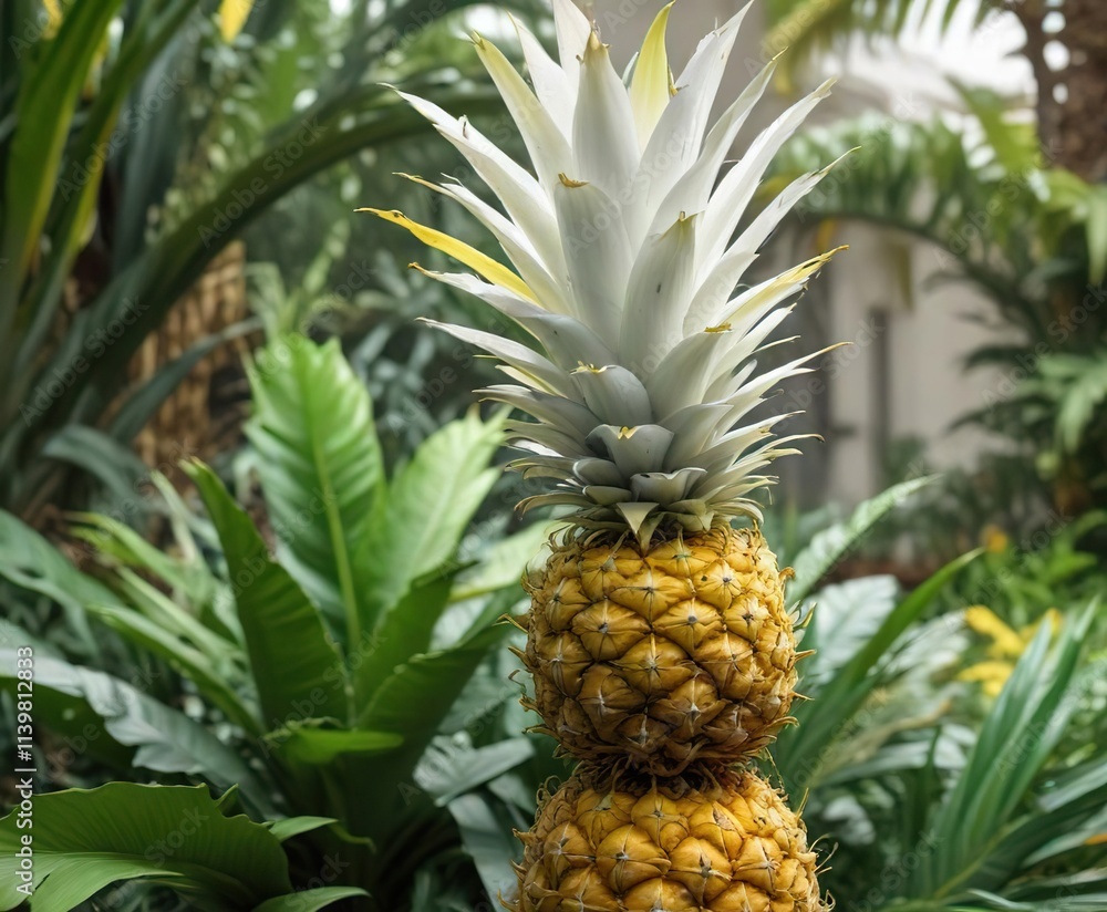 White and yellow ananas with green leaves in a botanical garden, floral arrangement, fruit, greenery White and yellow ananas with green leaves in a botanical garden, floral arrangement, fruit, greenery