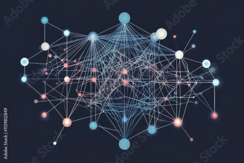 Flat-style illustration of neural network showcasing AI pathways and data flow