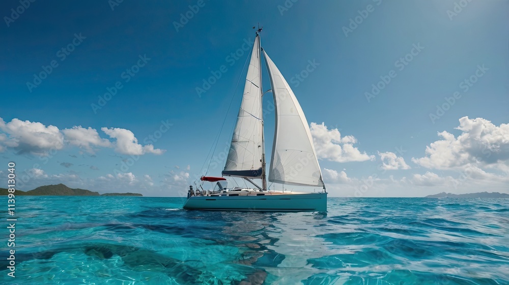 Naklejka premium Sailing into Paradise: A sleek sailboat glides across the turquoise waters under a vibrant blue sky, capturing the essence of freedom, adventure, and serenity.