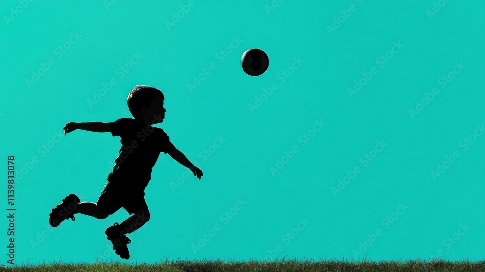 Naklejka premium Boy silhouetted playing soccer, kicking ball.