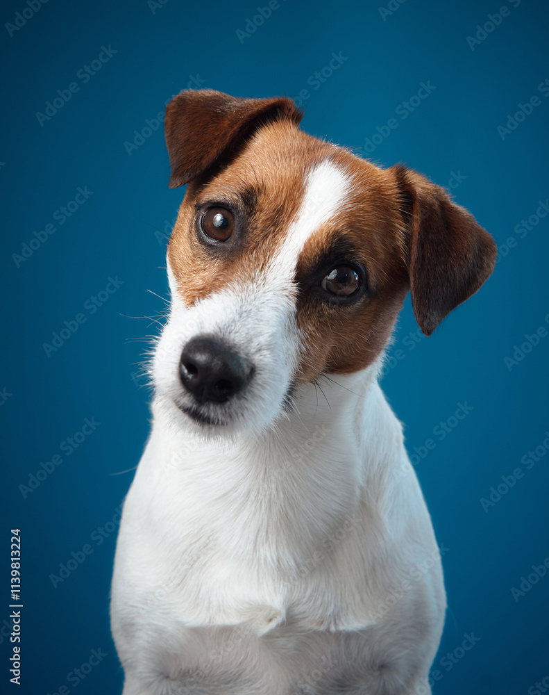 A close-up of a Jack Russell Terrier with a curious and attentive look against a blue background. The dog expressive eyes and slight head tilt highlight its inquisitive nature. A close-up of a Jack Russell Terrier with a curious and attentive look against a blue background. The dog expressive eyes and slight head tilt highlight its inquisitive nature.