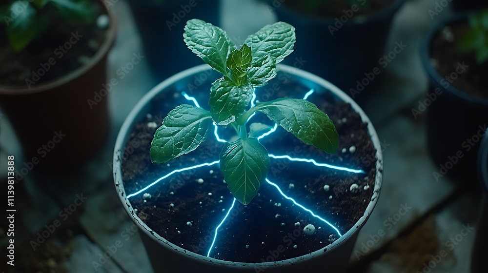 Electric Growth of a Fresh Mint Plant Illuminated by Neon Lines in a Pot Surrounded by Other Plants Electric Growth of a Fresh Mint Plant Illuminated by Neon Lines in a Pot Surrounded by Other Plants