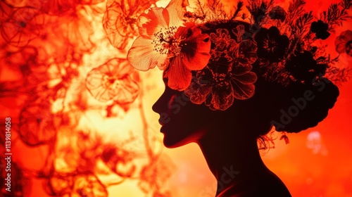 Woman's silhouette with floral headdress against fiery background.