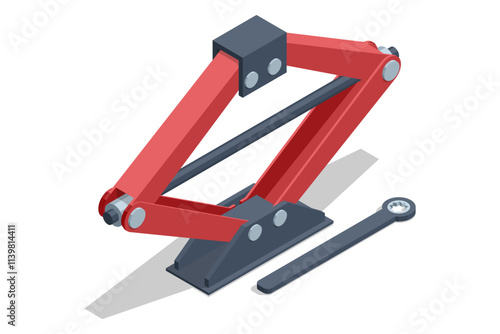 Isometric illustration of a red scissor car jack with a handle tool. Used for lifting vehicles during tire changes and maintenance.