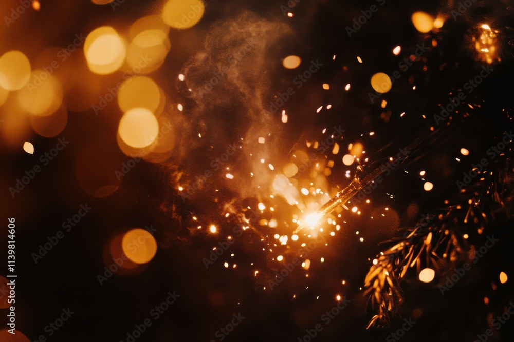 Obraz premium Closeup of Glowing Sparklers with Warm Golden Bokeh Festive Background