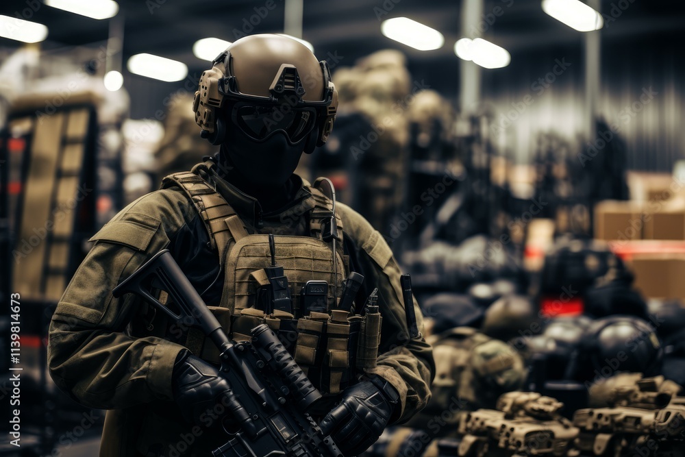 Soldier holding a rifle wearing tactical gear and helmet in a warehouse full of military equipment Soldier holding a rifle wearing tactical gear and helmet in a warehouse full of military equipment