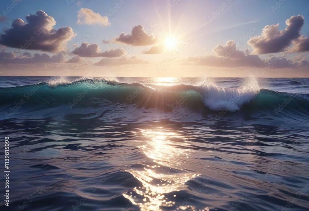 Obraz premium Purple and blue hues of sunbeams on the surface of ocean waves, blues, purples, water