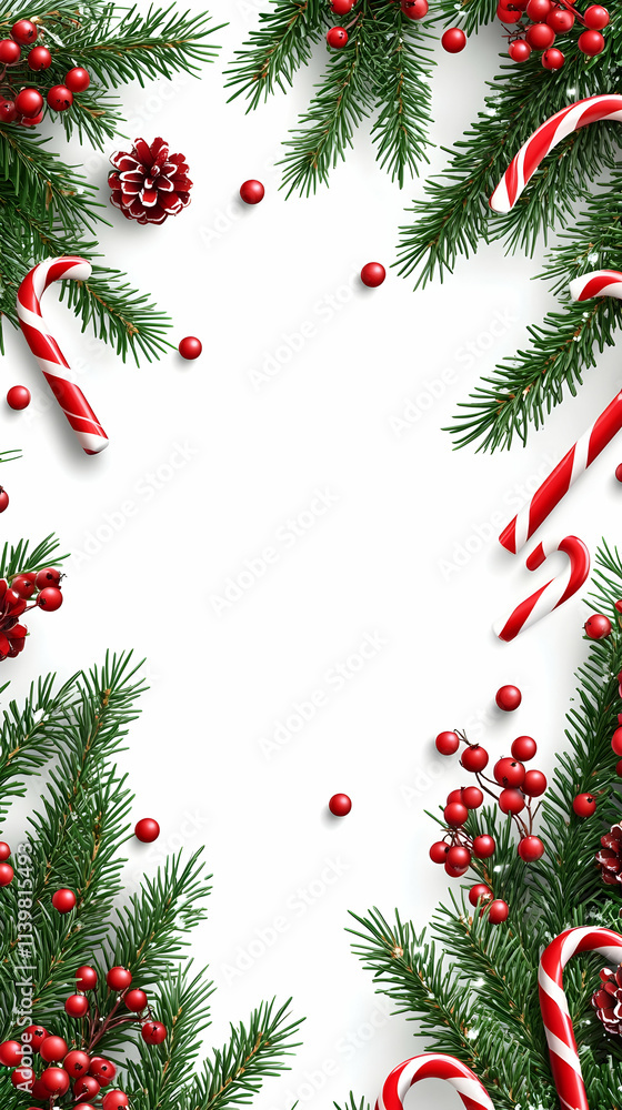 Festive Christmas border with candy canes, pine, and holly berries on white. Festive Christmas border with candy canes, pine, and holly berries on white.