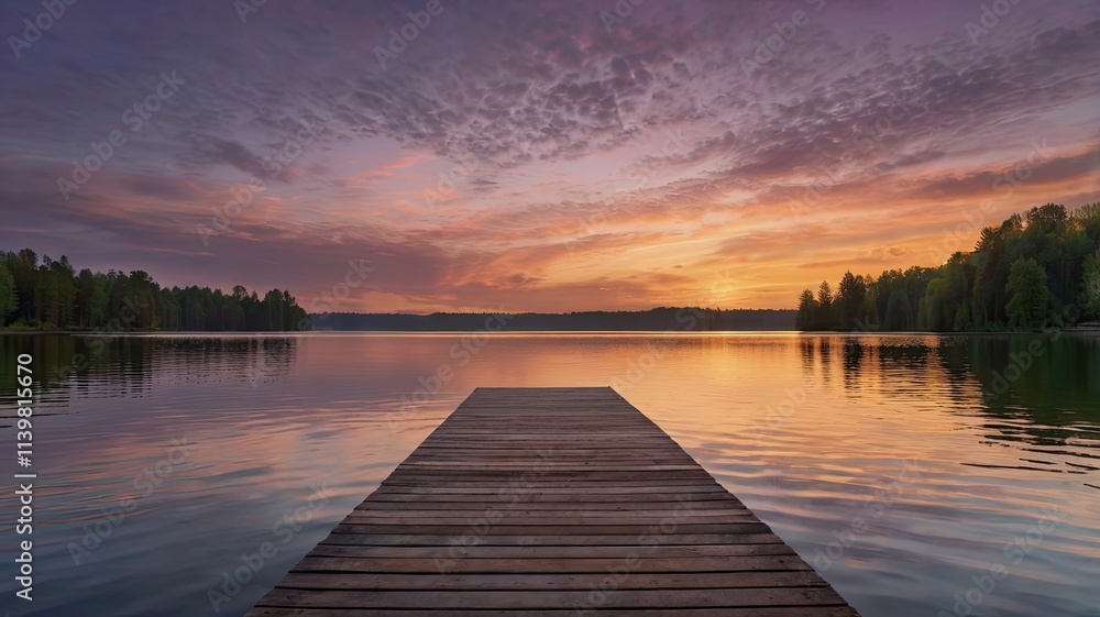 Obraz premium Serene Sunset on the Lake: A wooden dock stretches out into a tranquil lake, framed by a breathtaking sunset painting the sky in hues of orange, pink, and purple.