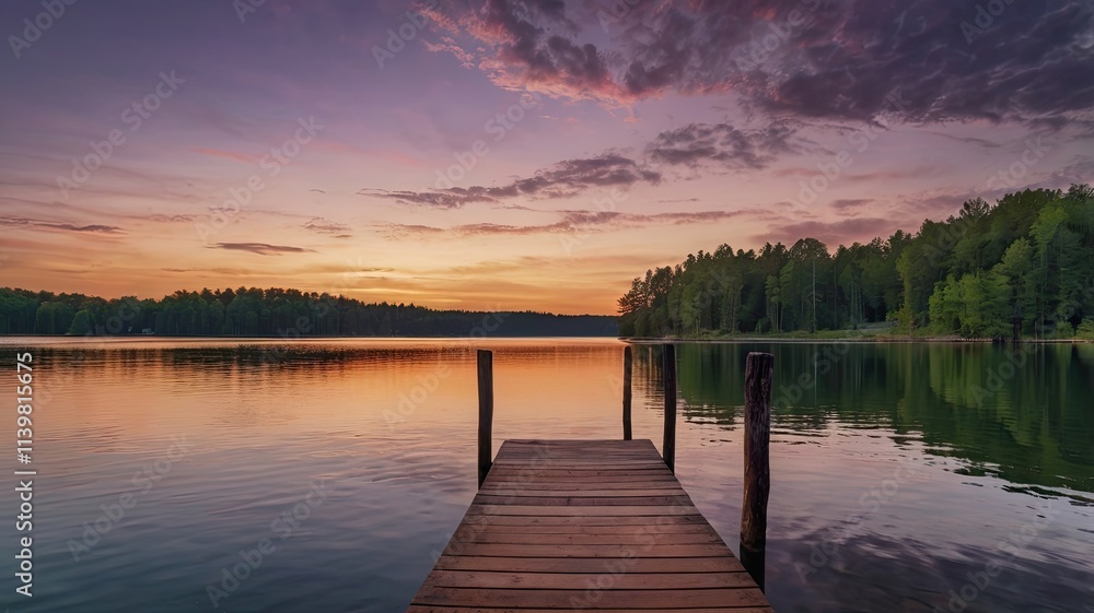 Serene Sunset at the Lake: Tranquil lake scene at sunset, wooden dock extending into calm waters, surrounded by lush greenery and a vibrant sky. Perfect for relaxation and peaceful vibes. Serene Sunset at the Lake: Tranquil lake scene at sunset, wooden dock extending into calm waters, surrounded by lush greenery and a vibrant sky. Perfect for relaxation and peaceful vibes.