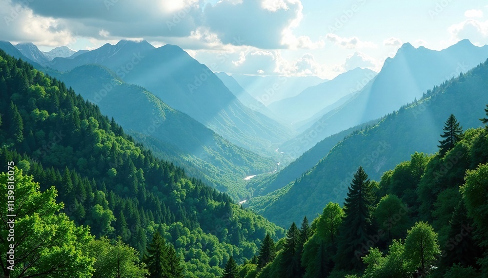 Fototapeta premium Lush green forest covers mystical mountain slopes, trees, landscape
