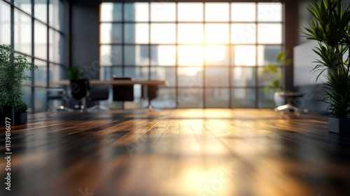 Sunlit Modern Office Interior with Wooden Floor and City View. Blurry Background.