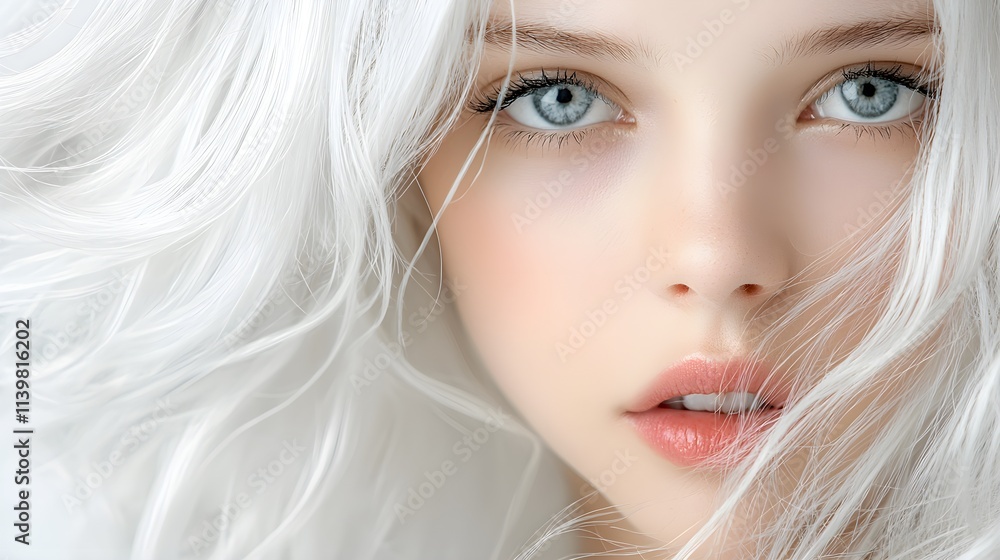 Close-up portrait of a woman with flowing silver hair, looking directly at the viewer, subtle lighting for a professional yet natural aesthetic Close-up portrait of a woman with flowing silver hair, looking directly at the viewer, subtle lighting for a professional yet natural aesthetic