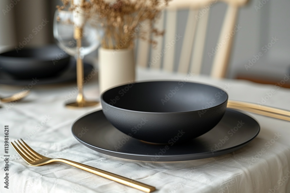 Elegant dining setup with black bowl, gold cutlery, and minimalistic decor. Elegant dining setup with black bowl, gold cutlery, and minimalistic decor.