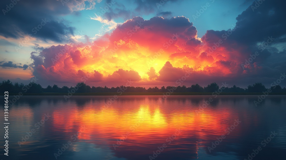 Fototapeta premium Vibrant sunset over calm lake reflecting fiery clouds and silhouetted trees.