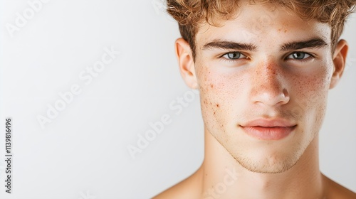 close-up portrait of young man, textured skin with acne scars, straightforward look, gentle lighting, isolated on white background