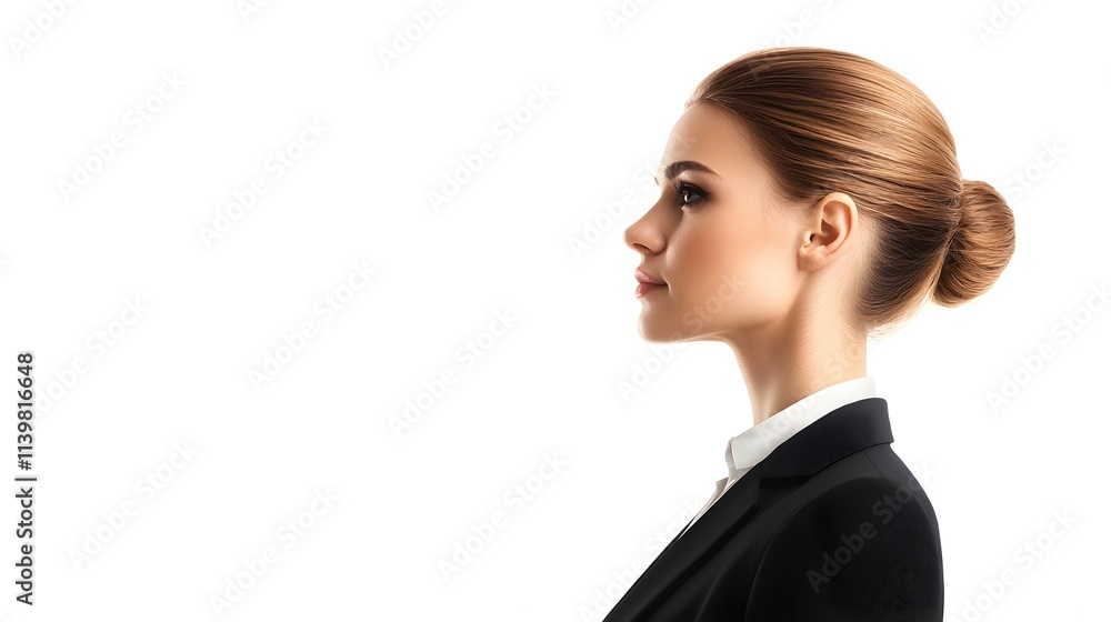 close-up profile of a businesswoman, focused gaze, elegant suit, minimal makeup, isolated on white background