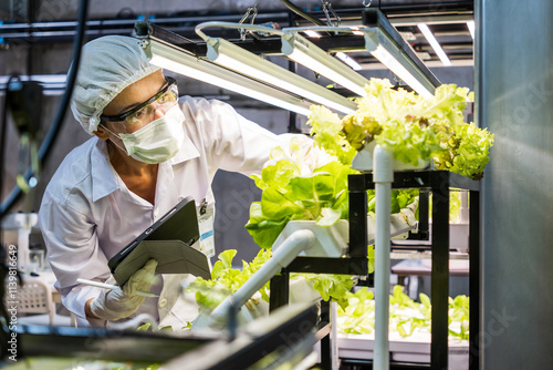 Fotografía A person in protective gear tends to vibrant lettuce plants under grow lights in a controlled indoor farming environment