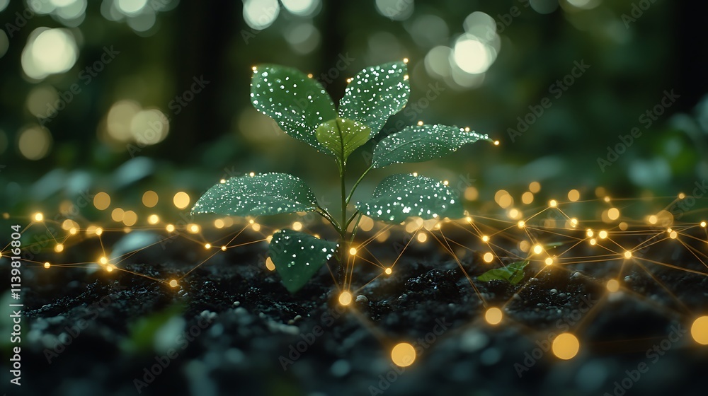 Fresh Green Plant with Dew Drops and Abstract Network Connection in Nature Setting Fresh Green Plant with Dew Drops and Abstract Network Connection in Nature Setting