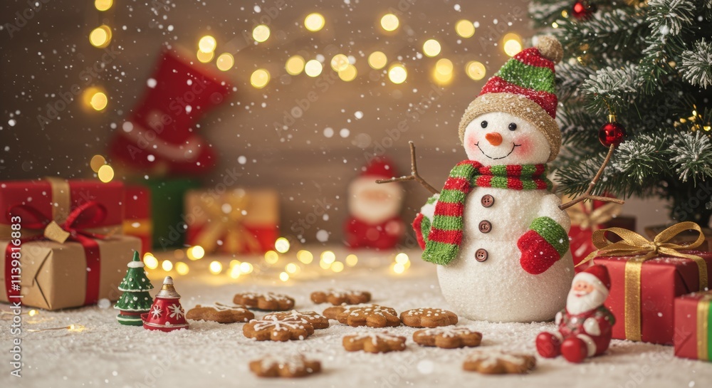Winter holiday christmas background banner - Closeup of cute funny laughing snowman with wool hat and scarf, on snowy snow snowscape with bokeh lights, illuminated by the sun (Generative Ai) Winter holiday christmas background banner - Closeup of cute funny laughing snowman with wool hat and scarf, on snowy snow snowscape with bokeh lights, illuminated by the sun (Generative Ai)