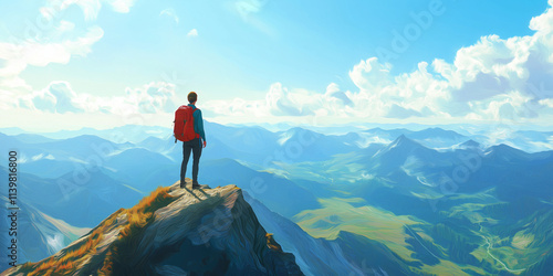 Active hiker standing on a mountain peak with a backpack, looking at a breathtaking view of the valley, sunny day, clear sky, scenic landscape, adventure and freedom