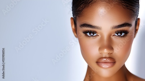 Close-up studio portrait of an African American woman, smooth radiant skin, confident expression, soft lighting highlighting facial contours, professional vibe