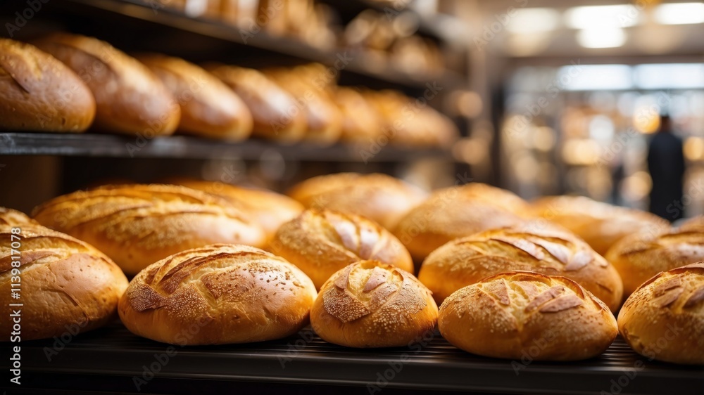 Freshly baked bread displayed in a bakery setting with warm tones Freshly baked bread displayed in a bakery setting with warm tones