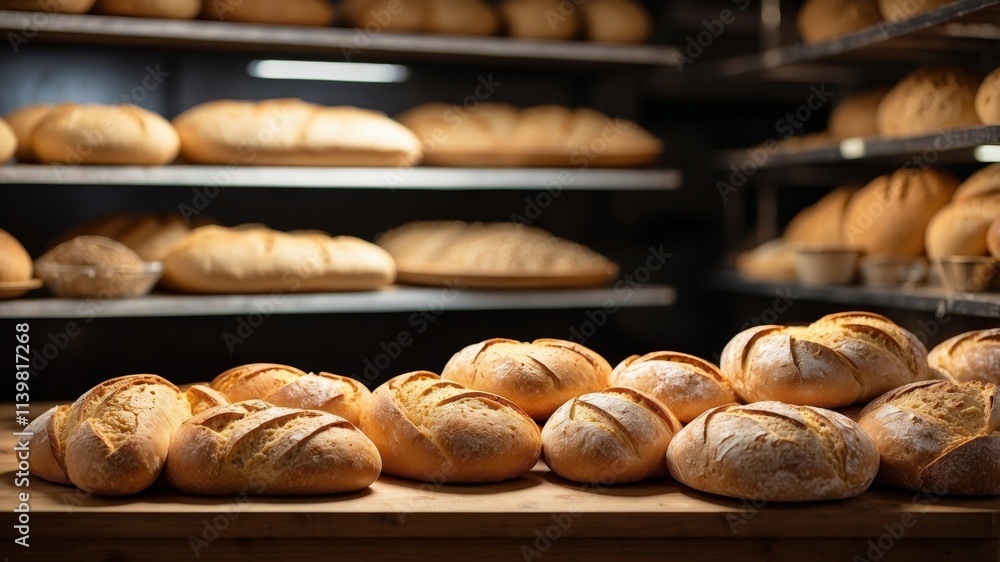 Freshly baked bread loaves displayed in a cozy bakery Freshly baked bread loaves displayed in a cozy bakery