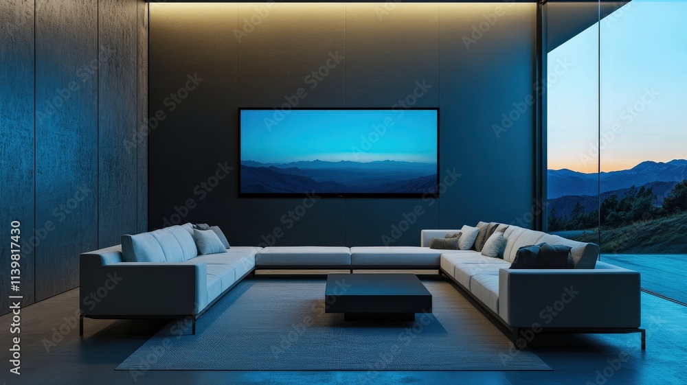 energy efficiency lighting optimization concept. Modern living room with large windows and minimalist furniture. energy efficiency lighting optimization concept. Modern living room with large windows and minimalist furniture.