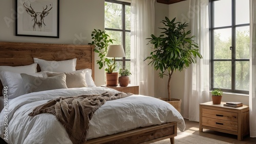 Modern Minimalist Bedroom Sanctuary: Tranquil and inviting, a cozy bedroom designed with natural elements and a minimalist aesthetic.  A large window bathes the space in soft light.