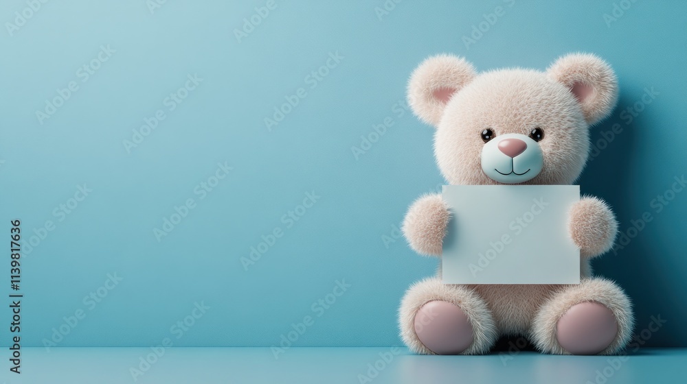 Cute teddy bear holding blank sign.