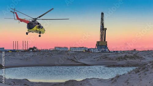 Oil and gas field in the Arctic. Summer. Sandy landscape with small lakes. Drilling rig. Flying helicopter.