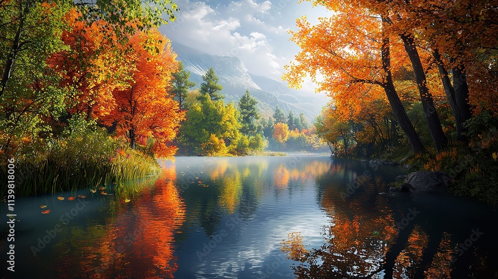 Obraz premium Vibrant fall landscape featuring a serene river and colorful foliage.