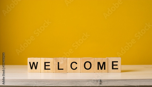 Word WELCOME on wooden cubes. Wood blocks. photo