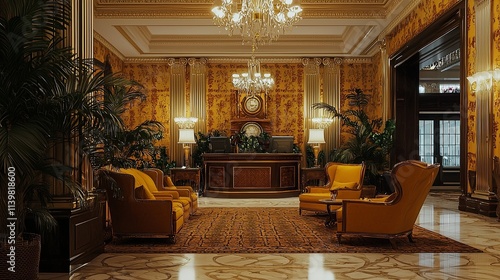 Old-fashioned hotel lobby with classic armchairs, wallpaper, and chandeliers