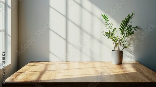 Table with a potted plant sitting on it. The plant is in a white pot and is placed in front of a window. The table is empty and the room is very bright and sunny
