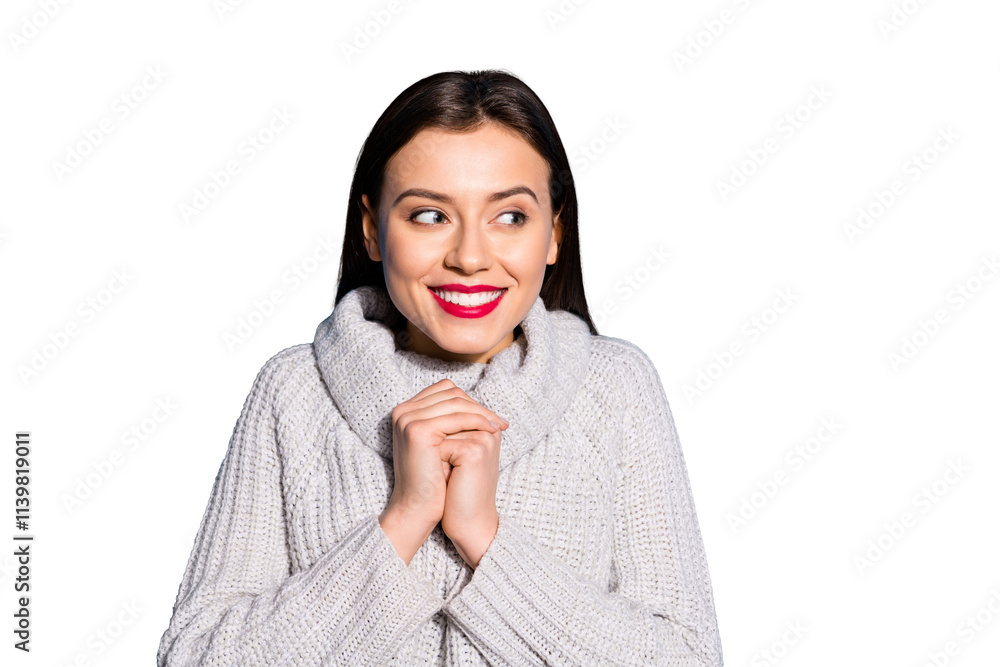 Petty funny lady looking empty space giggling wear knitted pullover isolated blue background Petty funny lady looking empty space giggling wear knitted pullover isolated blue background