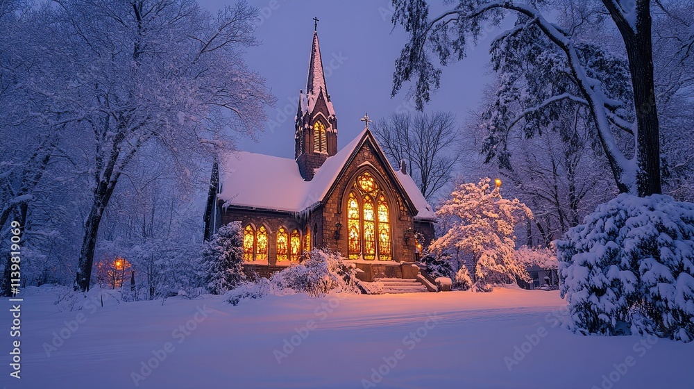 A snow-covered church with a glowing stained glass window. A snow-covered church with a glowing stained glass window.