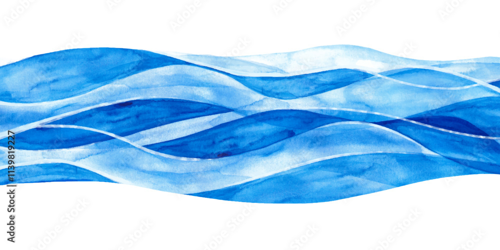 Beautiful River in Watercolor Style Hand Painted. Abstract horizontal banner with waves. Blue water isolated on white background. Sea frame. Ocean minimal view