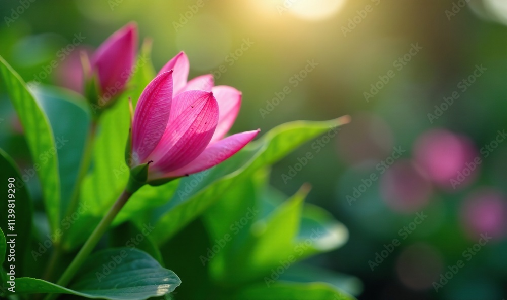 Fototapeta premium Tiny pink petals unfurl among lush green blades, blossoming, blossom