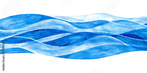 Beautiful River in Watercolor Style Hand Painted. Abstract horizontal banner with waves. Blue water isolated on white background. Sea frame. Ocean minimal view