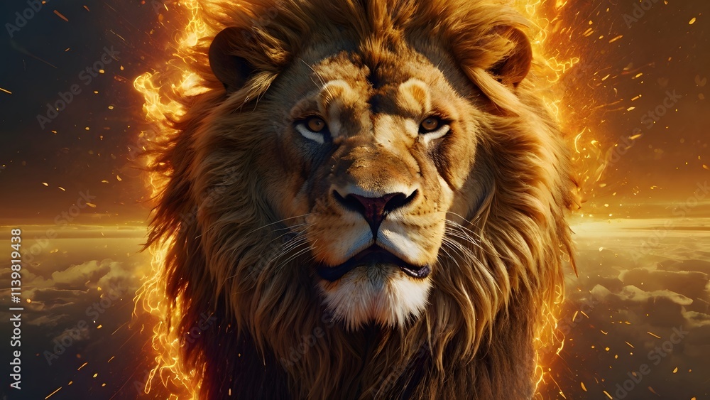 Naklejka premium Majestic Lion with Fiery Background