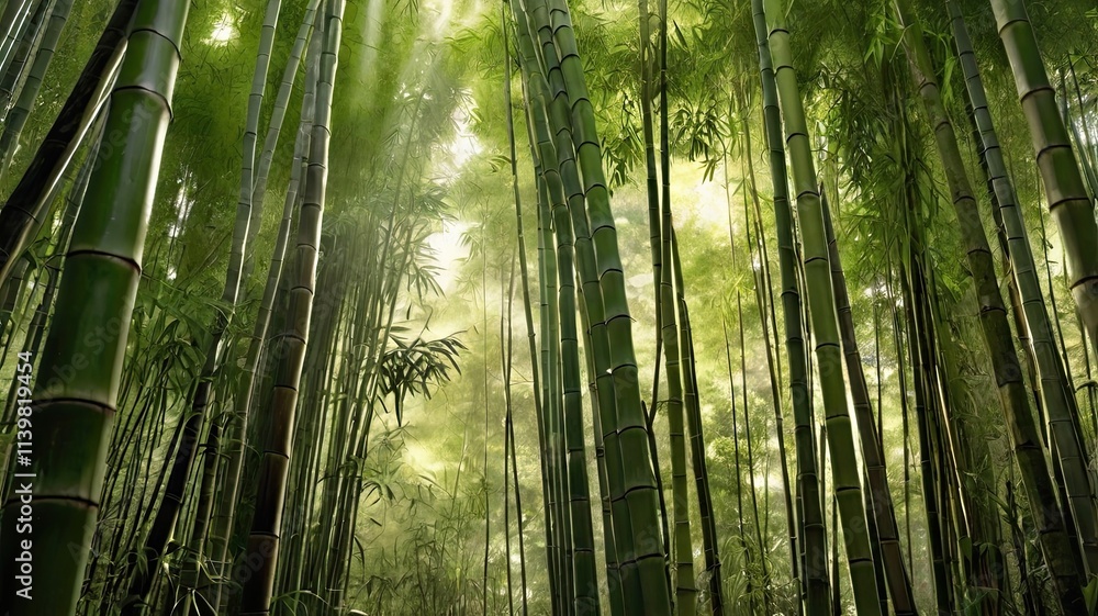 Fototapeta premium Serene Bamboo Forest: Sunlight filters through a dense grove of bamboo, casting ethereal light and creating a tranquil atmosphere. The scene evokes a sense of peace and serenity.