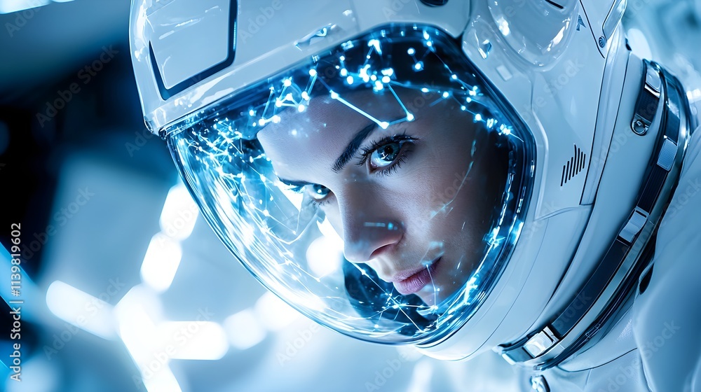 confident woman astronaut in advanced spacesuit, close-up of reflective helmet, glowing spaceship interior, isolated on white background confident woman astronaut in advanced spacesuit, close-up of reflective helmet, glowing spaceship interior, isolated on white background