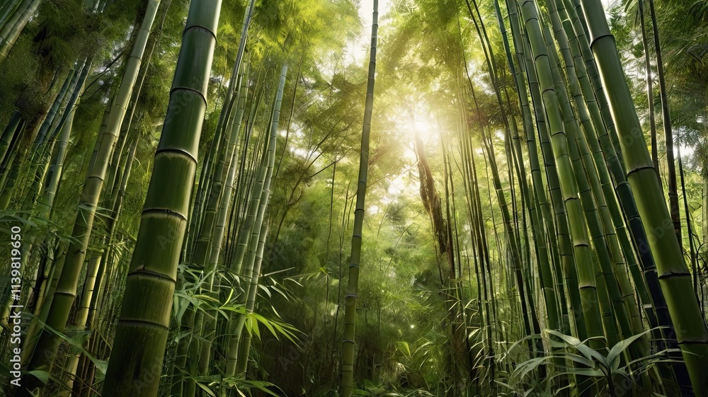 Sunlight Through Bamboo Forest: A tranquil and serene scene of towering bamboo stalks reaching for the sky, sunlight filtering through their leaves and creating a sense of peace and serenity. Sunlight Through Bamboo Forest: A tranquil and serene scene of towering bamboo stalks reaching for the sky, sunlight filtering through their leaves and creating a sense of peace and serenity.