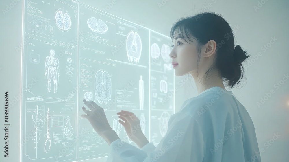 Woman doctor examining holographic medical data.